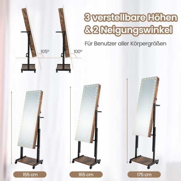 Coast Schmuckschrank Braun - 4-in-1 Spiegelschrank auf Rädern mit 3-Farben-LED und Höhenverstellung - 46 x 35 x 155-175 cm