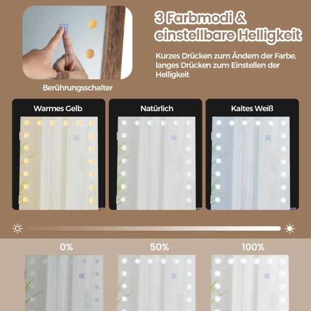 Coast Schmuckschrank Braun - 4-in-1 Spiegelschrank auf Rädern mit 3-Farben-LED und Höhenverstellung - 46 x 35 x 155-175 cm