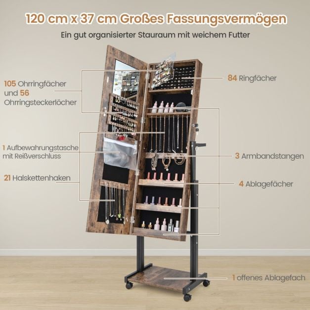Coast Schmuckschrank Braun - 4-in-1 Spiegelschrank auf Rädern mit 3-Farben-LED und Höhenverstellung - 46 x 35 x 155-175 cm