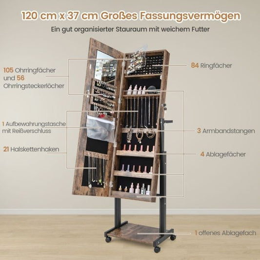 Coast Schmuckschrank Braun - 4-in-1 Spiegelschrank auf Rädern mit 3-Farben-LED und Höhenverstellung - 46 x 35 x 155-175 cm
