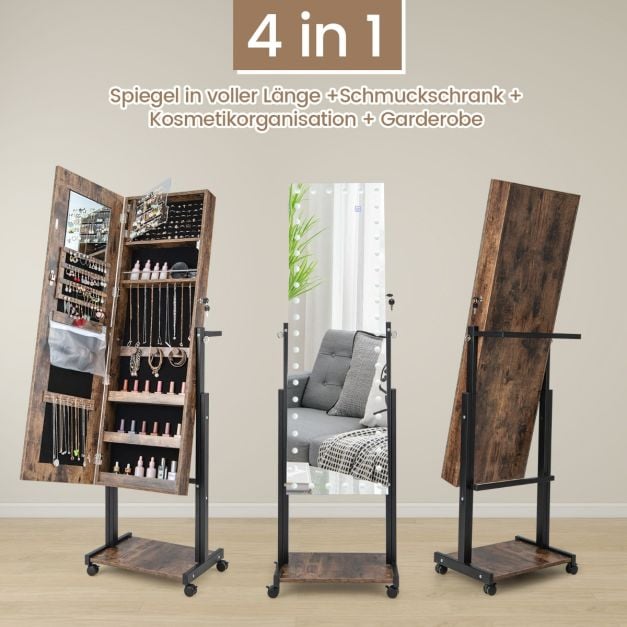 Coast Schmuckschrank Braun - 4-in-1 Spiegelschrank auf Rädern mit 3-Farben-LED und Höhenverstellung - 46 x 35 x 155-175 cm