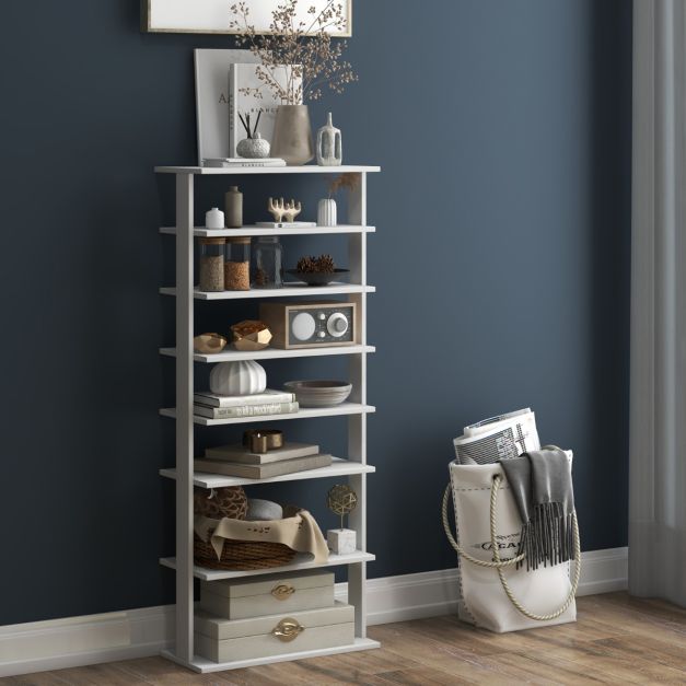 Stilvolles Schuhregal mit 7 Etagen - zweireihig - kompakt und platzsparend - 47 x 25,5 x 110 cm - Weiß
