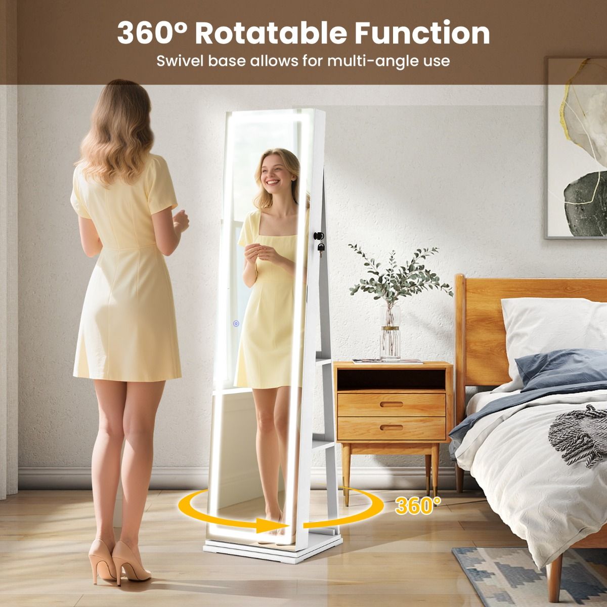 Coast 360° drehbarer Schmuckschrank mit Durchgangsspiegel und LED-Beleuchtung - Weiß - 43 x 38 x 160 cm