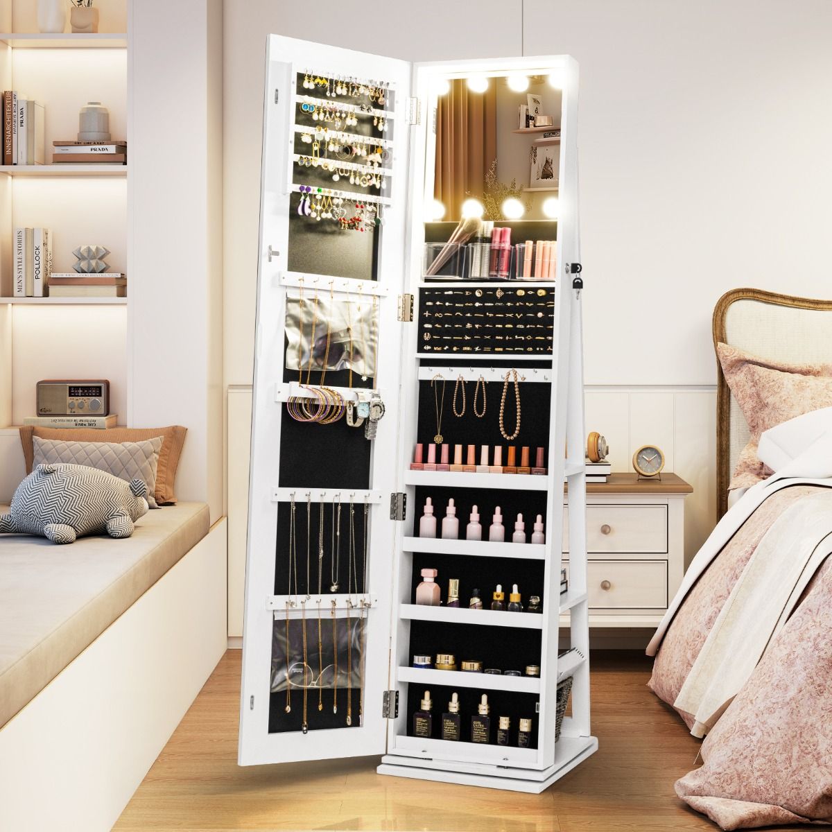 Coast 360° drehbarer Schmuckschrank mit Durchgangsspiegel und LED-Beleuchtung - Weiß - 43 x 38 x 160 cm