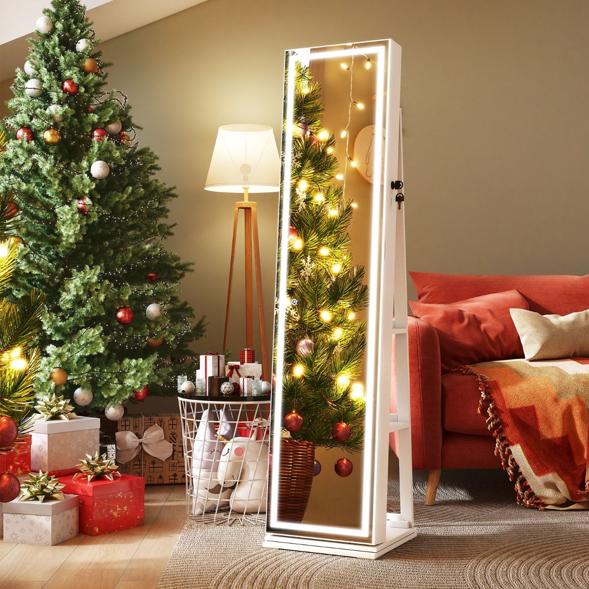 Coast 360° drehbarer Schmuckschrank mit Durchgangsspiegel und LED-Beleuchtung - Weiß - 43 x 38 x 160 cm