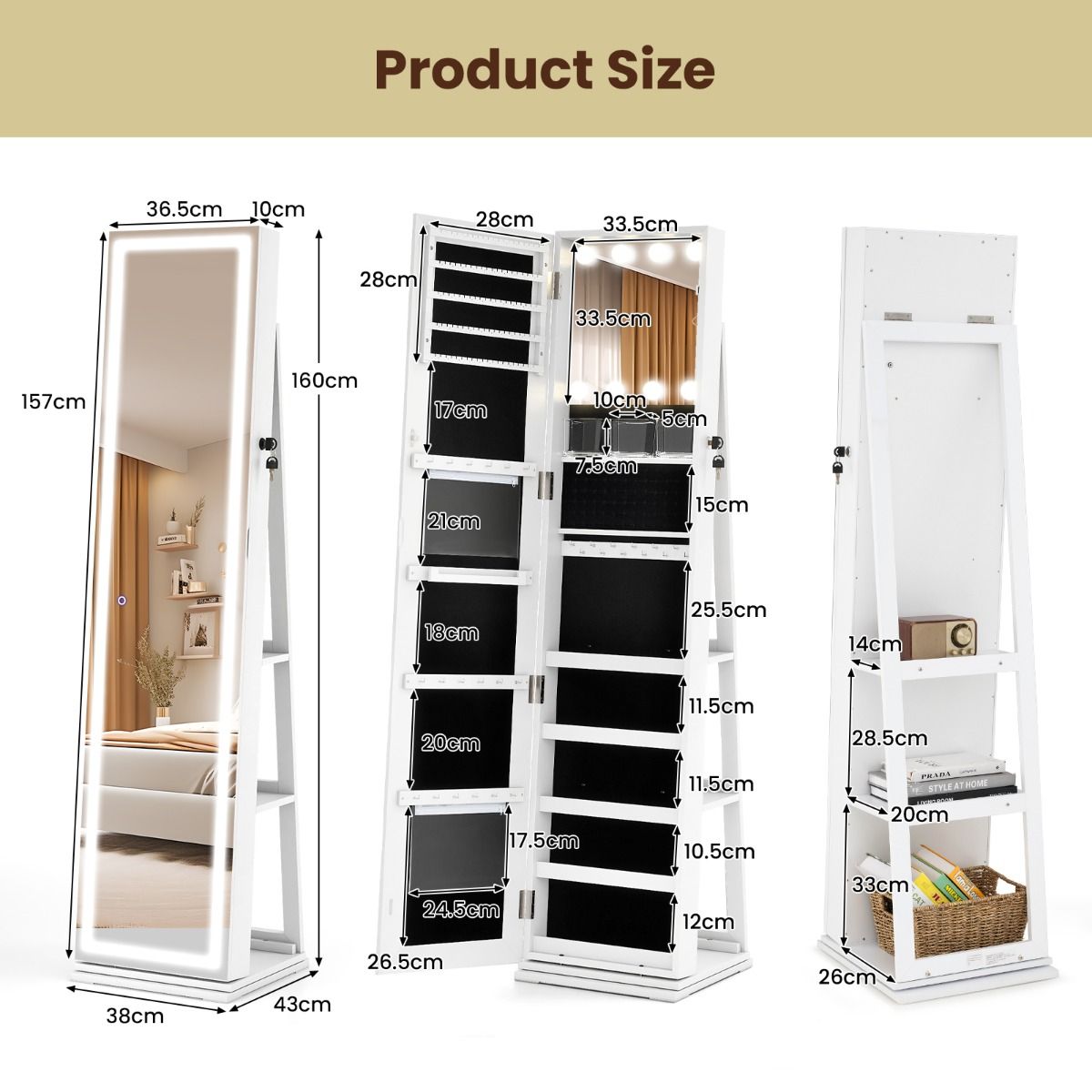 Coast 360° drehbarer Schmuckschrank mit Durchgangsspiegel und LED-Beleuchtung - Weiß - 43 x 38 x 160 cm