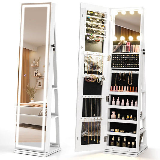 Coast 360° drehbarer Schmuckschrank mit Durchgangsspiegel und LED-Beleuchtung - Weiß - 43 x 38 x 160 cm