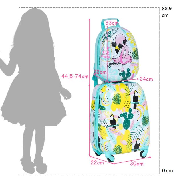 2 Stück Kindergepäck Handtasche Set mit Rucksack und Koffer - 30 X 22 X 44.5-74 CM