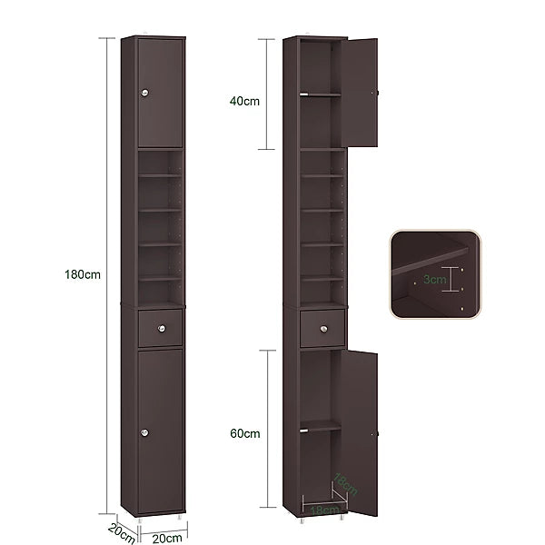 SoBuy Hoher schmaler Badezimmerschrank - Kompakte Aufbewahrungseinheit mit 6 verstellbaren Einlegeböden und Schublade - 20x20x180 cm - Braun