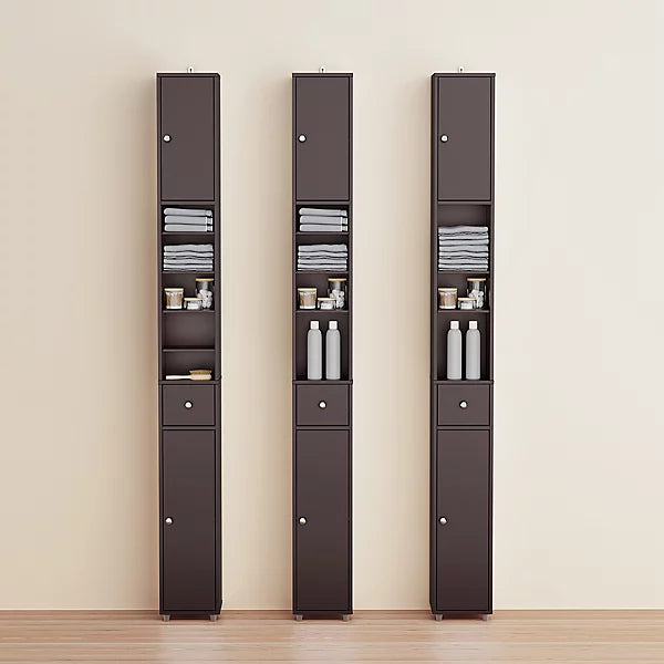 SoBuy Hoher schmaler Badezimmerschrank - Kompakte Aufbewahrungseinheit mit 6 verstellbaren Einlegeböden und Schublade - 20x20x180 cm - Braun