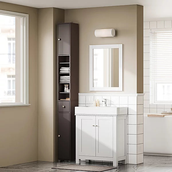 SoBuy Hoher schmaler Badezimmerschrank - Kompakte Aufbewahrungseinheit mit 6 verstellbaren Einlegeböden und Schublade - 20x20x180 cm - Braun