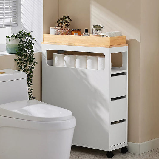 SoBuy - BZR54-II-W Slim Freistehender Badezimmerschrank - 65 x 23 x 82 cm - Ausgestattet mit 3 Schubladen und 4 Rädern und beweglicher Trennwand - Für Badezimmer und Gästetoilette - Weißes MDF und Rubberwood