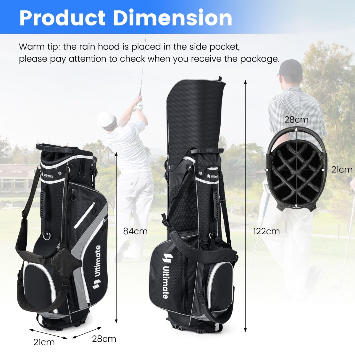 Coast Golf Bag 84x28x21 cm - 14-Fach-Layout, 6 Fächer, Regenschutz & Füße - leichte Tragetasche - Grau/Schwarz