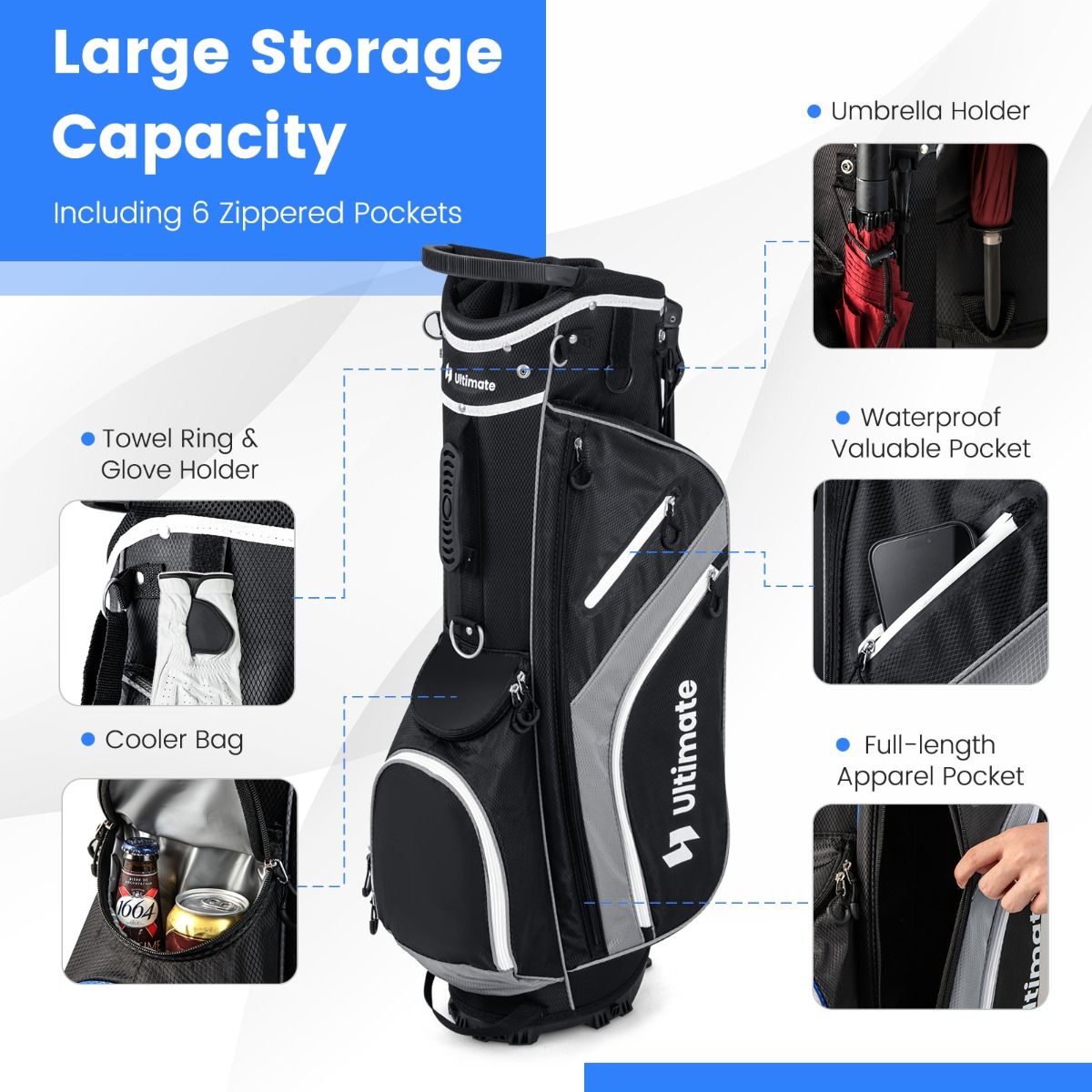 Coast Golf Bag 84x28x21 cm - 14-Fach-Layout, 6 Fächer, Regenschutz & Füße - leichte Tragetasche - Grau/Schwarz