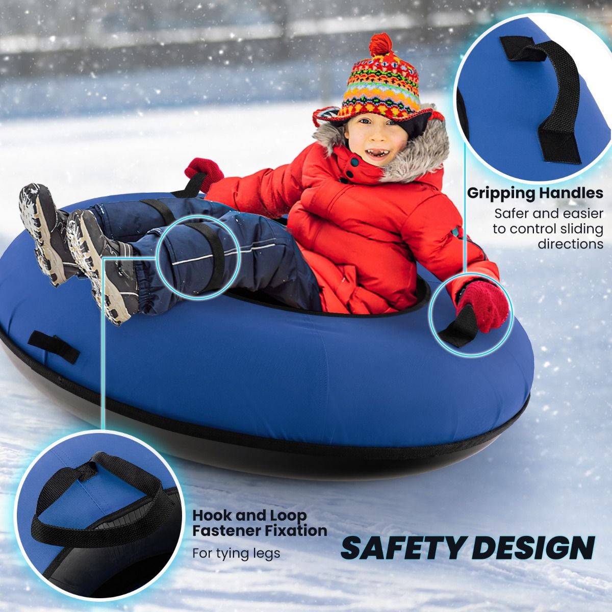 Coast 100 cm Aufblasbarer Schneeschlitten Blau - Strapazierfähiges Oxford - Harter Boden - Inklusive Sitzkissen und Schleppgurt