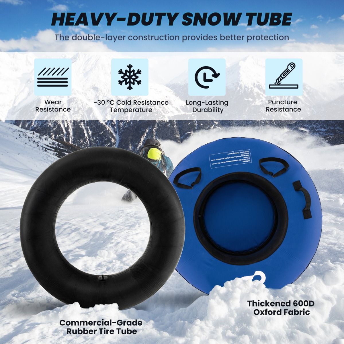Coast 100 cm Aufblasbarer Schneeschlitten Blau - Strapazierfähiges Oxford - Harter Boden - Inklusive Sitzkissen und Schleppgurt