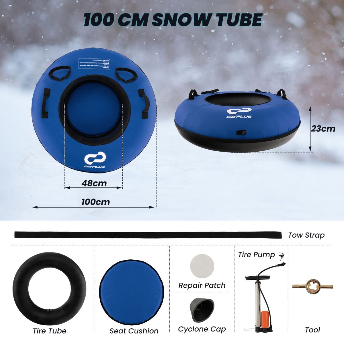 Coast 100 cm Aufblasbarer Schneeschlitten Blau - Strapazierfähiges Oxford - Harter Boden - Inklusive Sitzkissen und Schleppgurt