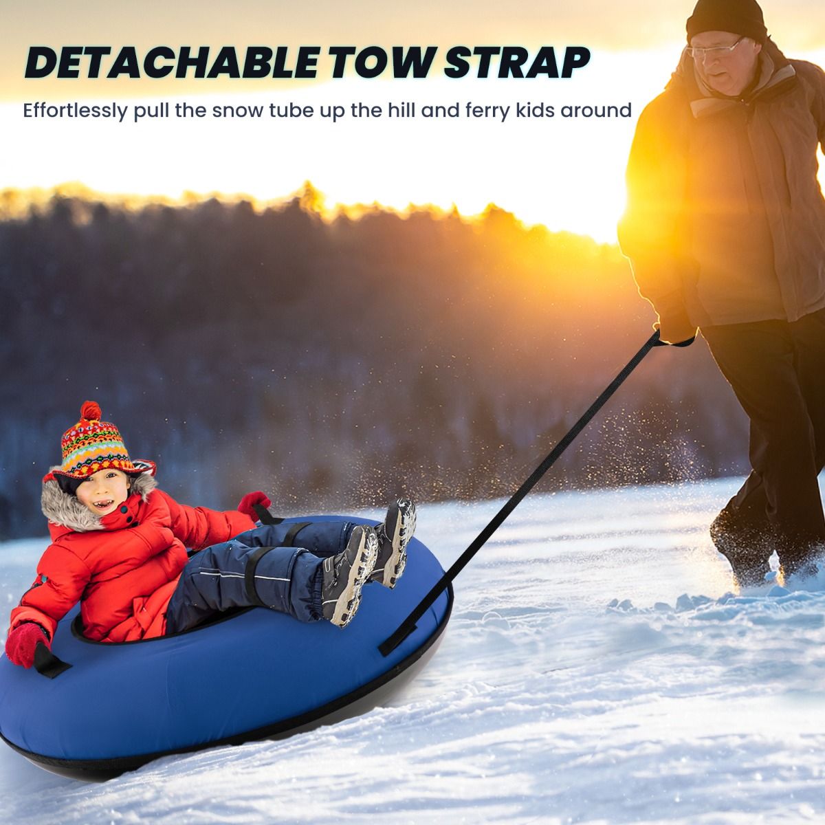Coast 100 cm Aufblasbarer Schneeschlitten Blau - Strapazierfähiges Oxford - Harter Boden - Inklusive Sitzkissen und Schleppgurt