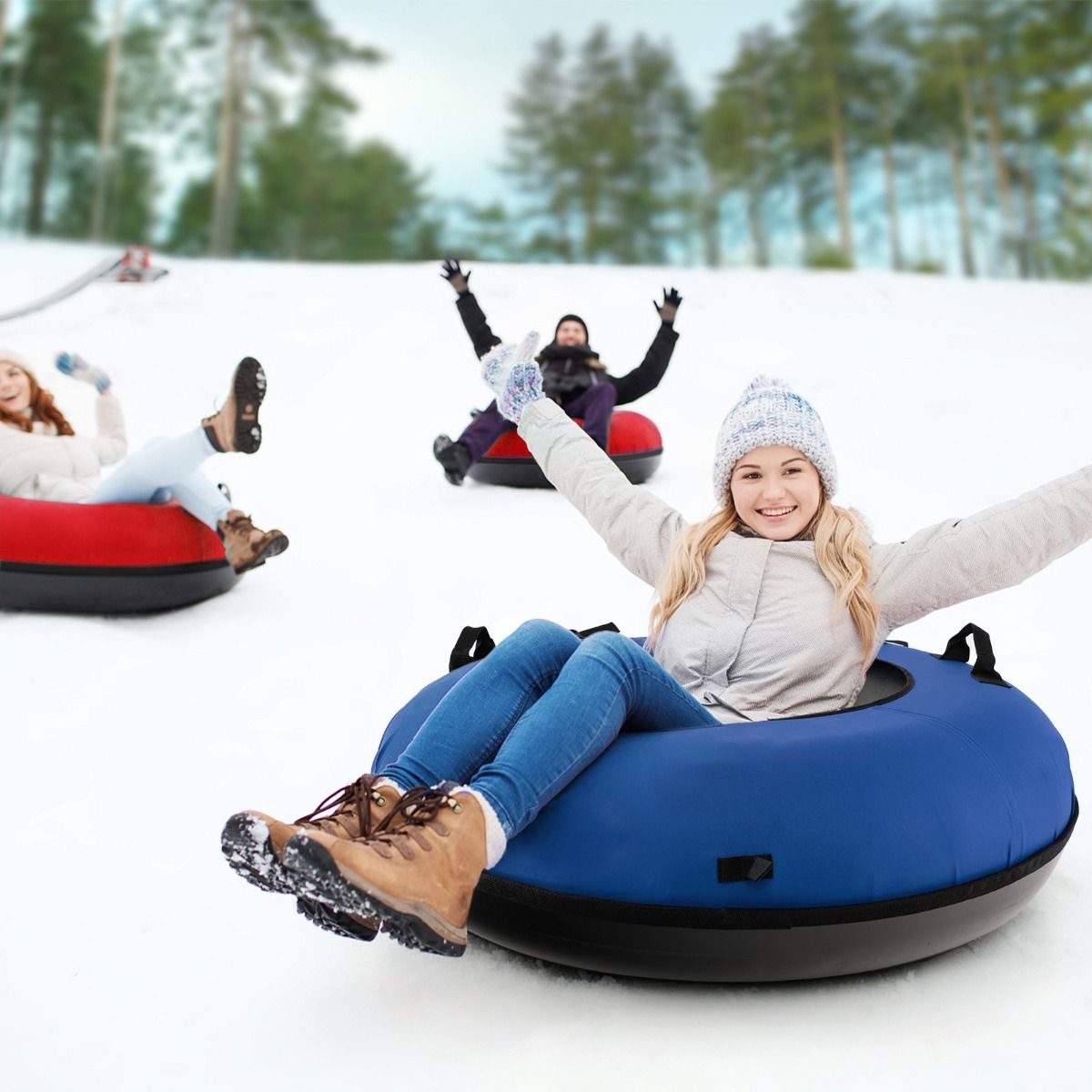 Coast 100 cm Aufblasbarer Schneeschlitten Blau - Strapazierfähiges Oxford - Harter Boden - Inklusive Sitzkissen und Schleppgurt