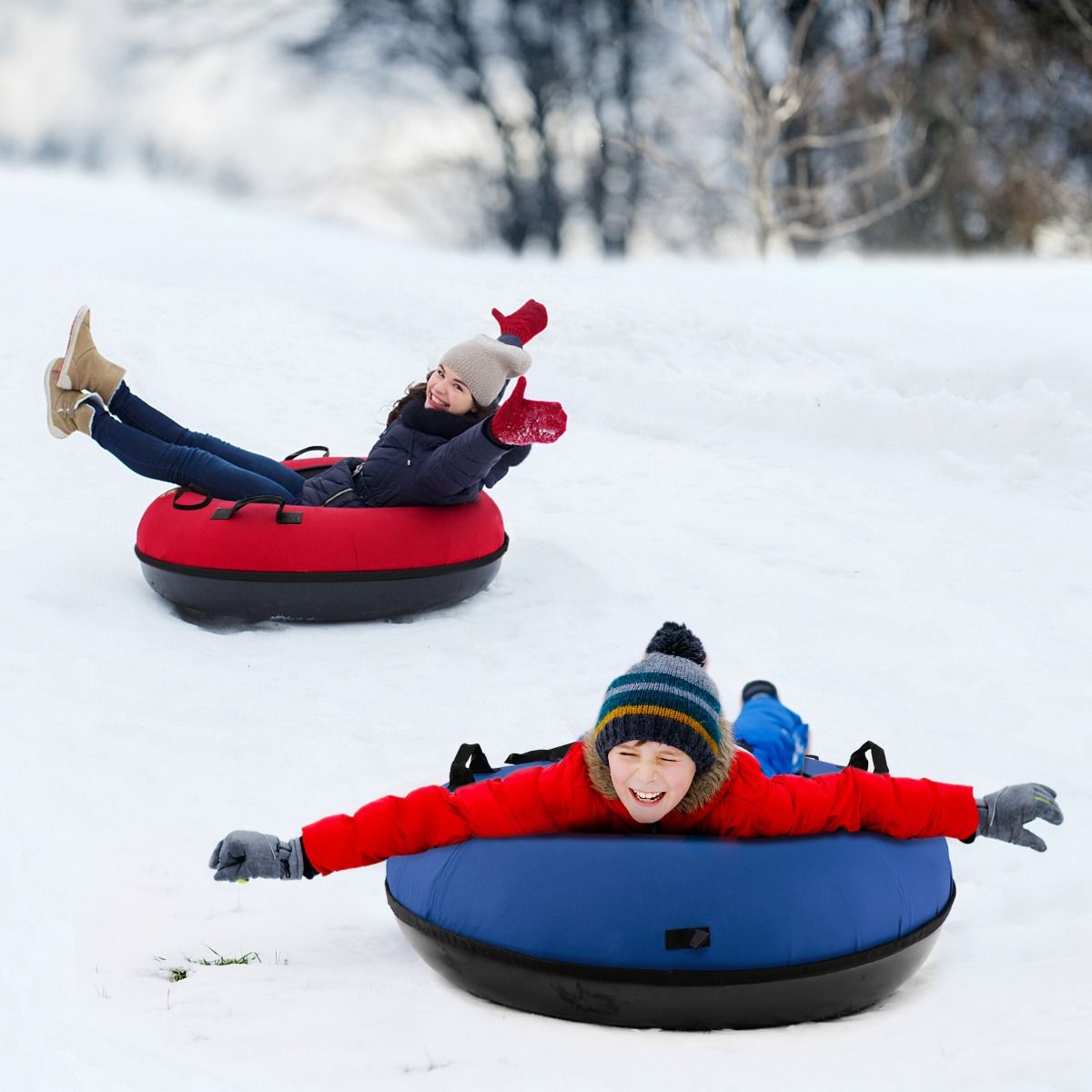 Coast 100 cm Aufblasbarer Schneeschlitten Blau - Strapazierfähiges Oxford - Harter Boden - Inklusive Sitzkissen und Schleppgurt