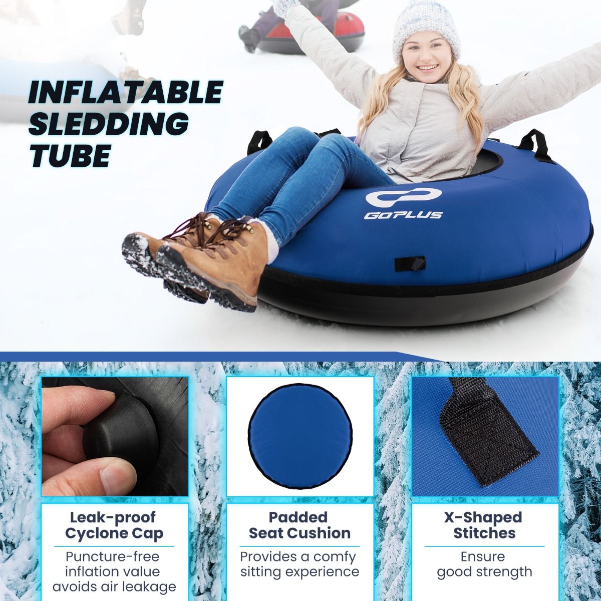 Coast 100 cm Aufblasbarer Schneeschlitten Blau - Strapazierfähiges Oxford - Harter Boden - Inklusive Sitzkissen und Schleppgurt