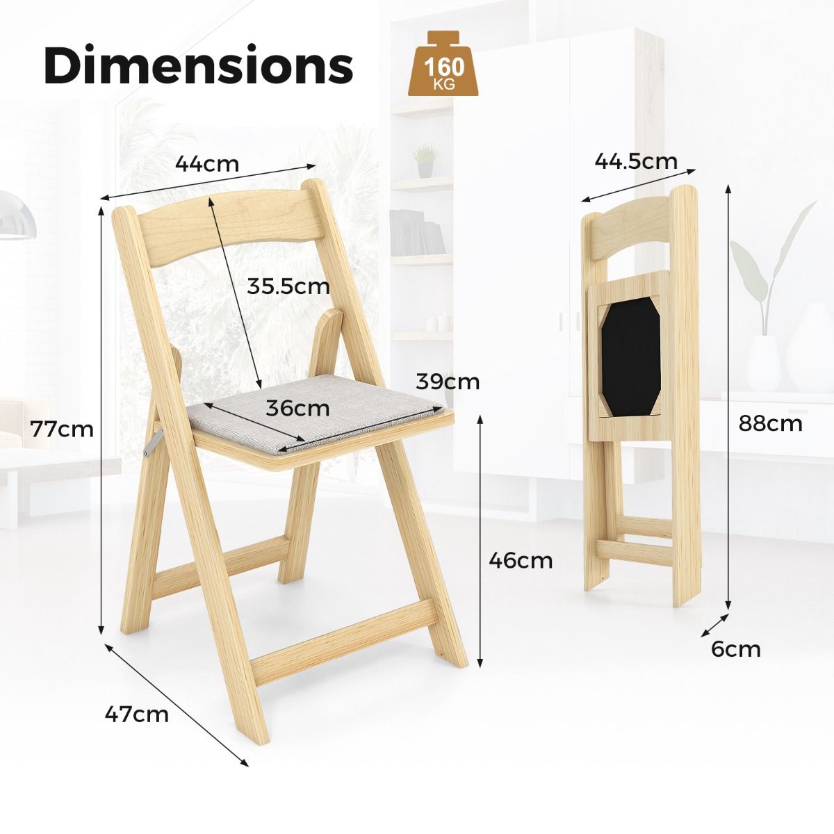 Coast Set aus 2 klappbaren Esszimmerstühlen - 44x47x77 cm - Mit Gummibaumbeinen und gepolstertem Sitz - Naturfarbe