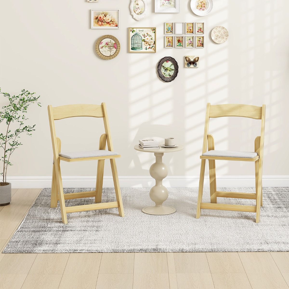 Coast Set aus 2 klappbaren Esszimmerstühlen - 44x47x77 cm - Mit Gummibaumbeinen und gepolstertem Sitz - Naturfarbe