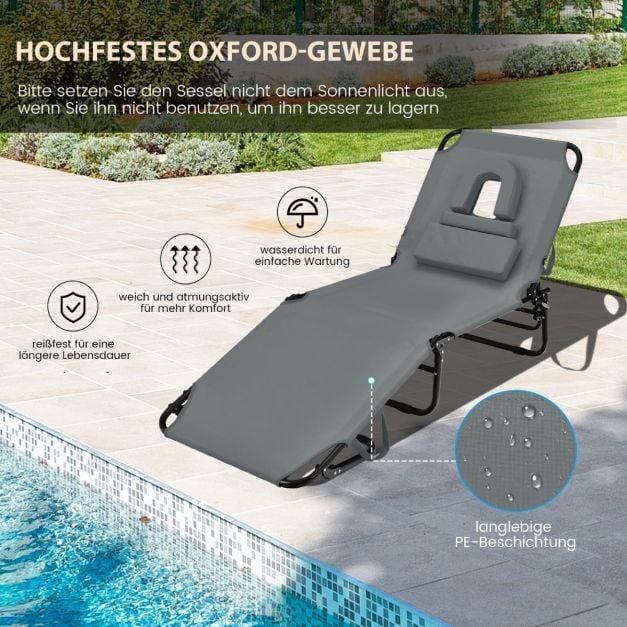 Coast Faltbarer Liegestuhl - 5 Positionen einstellbar mit Gesichtsöffnung und 3 Kissen - Grau