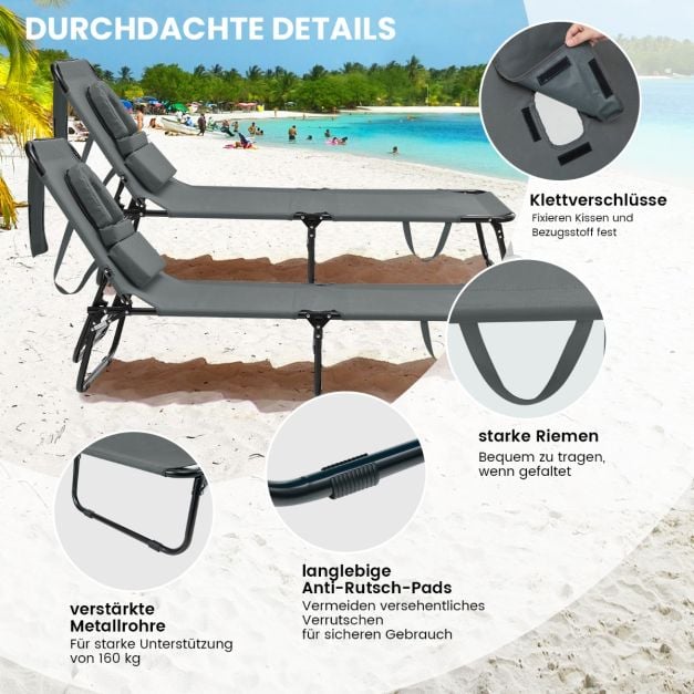 Coast Faltbarer Liegestuhl - 5 Positionen einstellbar mit Gesichtsöffnung und 3 Kissen - Grau