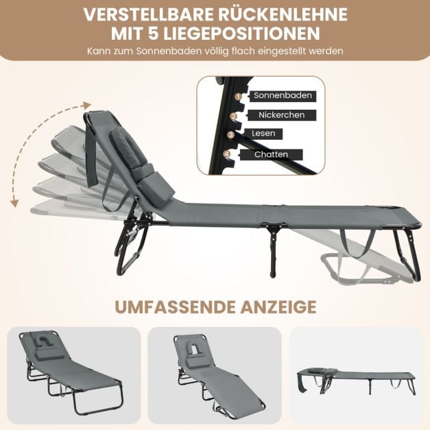 Coast Faltbarer Liegestuhl - 5 Positionen einstellbar mit Gesichtsöffnung und 3 Kissen - Grau