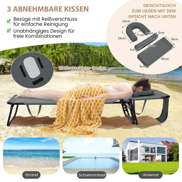 Coast Faltbarer Liegestuhl - 5 Positionen einstellbar mit Gesichtsöffnung und 3 Kissen - Grau