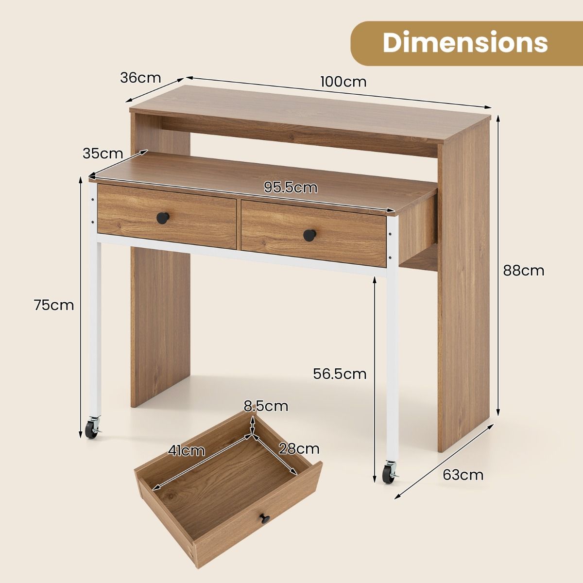 Coast Ausziehbarer Schreibtisch mit 2 Schubladen und Rollen - 100 x 63 x 88 cm - Naturholzfarbe
