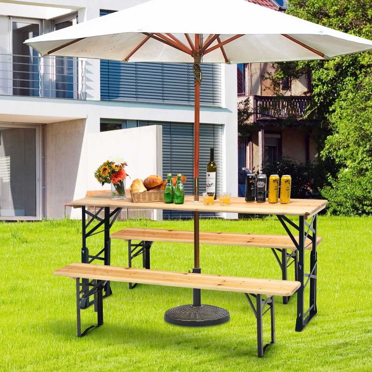 coast Biertisch - klappbar - höhenverstellbar 75-105 cm - 168,5 x 50 cm - Holz/Natur - mit Sonnenschirmloch
