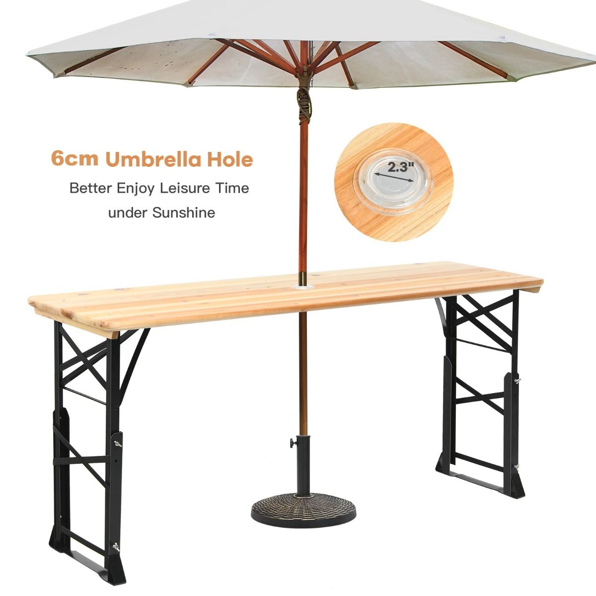 coast Biertisch - klappbar - höhenverstellbar 75-105 cm - 168,5 x 50 cm - Holz/Natur - mit Sonnenschirmloch