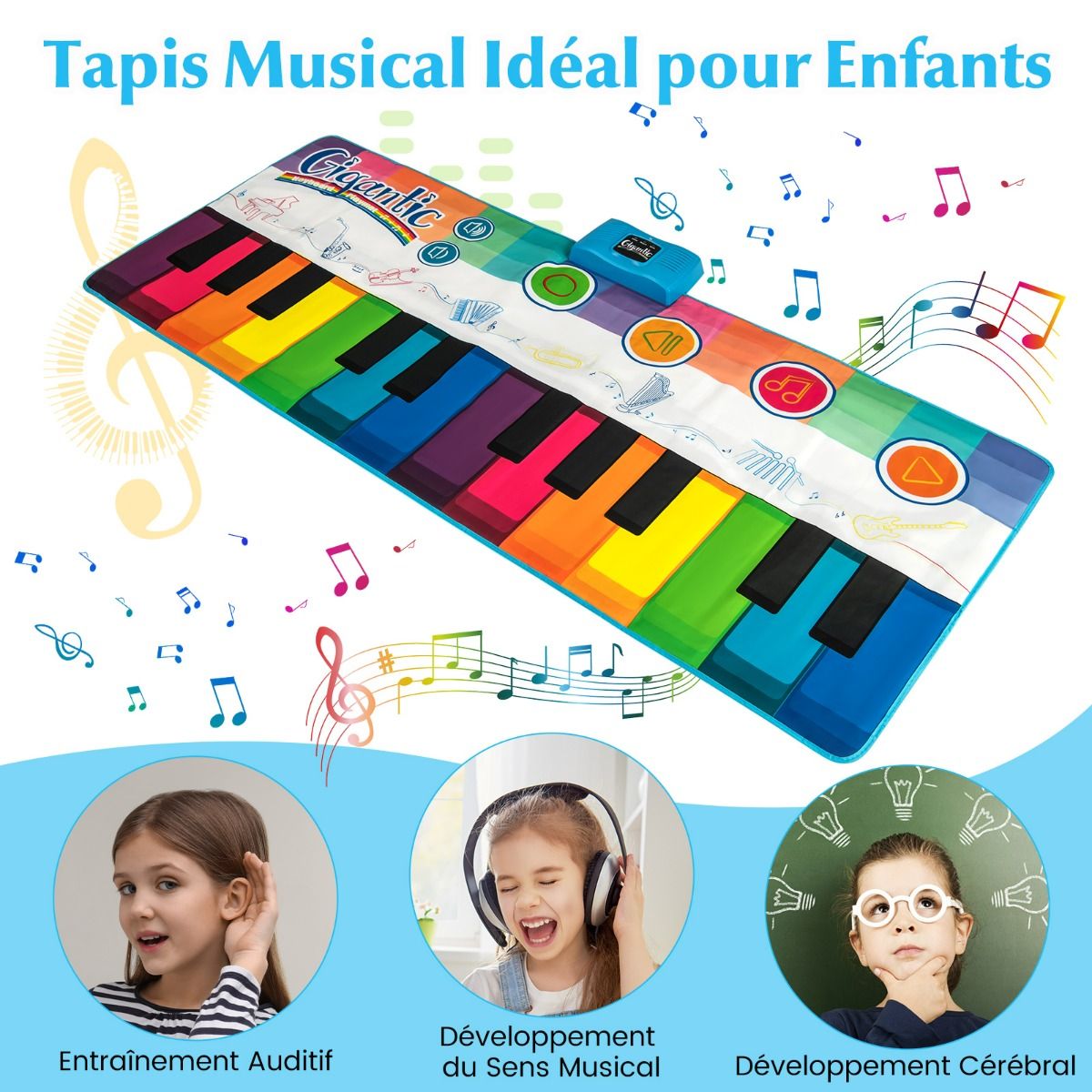 Coast Kindertanzmatte mit 24 Klaviertasten und 8 Instrumentenklängen - Musikspielmatte 181 x 73 cm - farbenfroh
