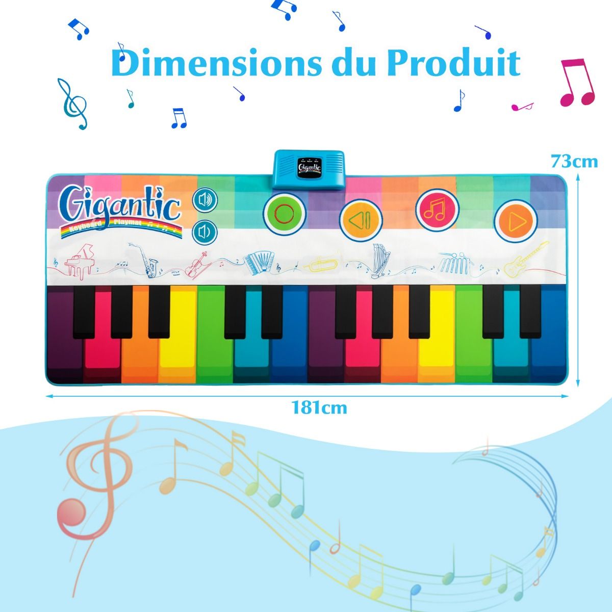 Coast Kindertanzmatte mit 24 Klaviertasten und 8 Instrumentenklängen - Musikspielmatte 181 x 73 cm - farbenfroh