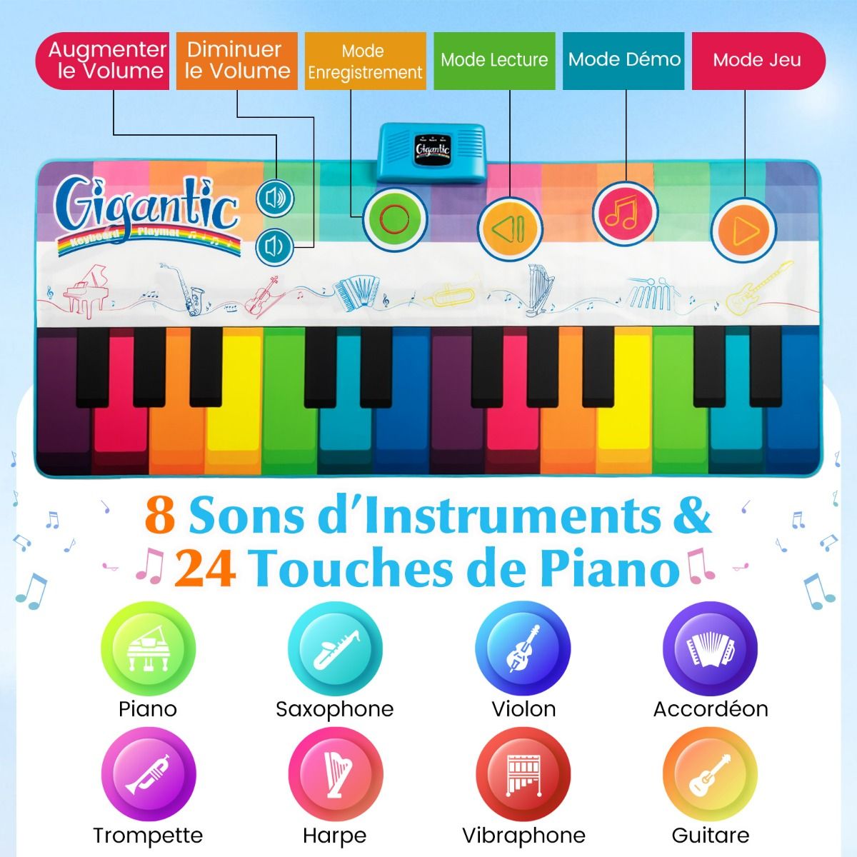 Coast Kindertanzmatte mit 24 Klaviertasten und 8 Instrumentenklängen - Musikspielmatte 181 x 73 cm - farbenfroh