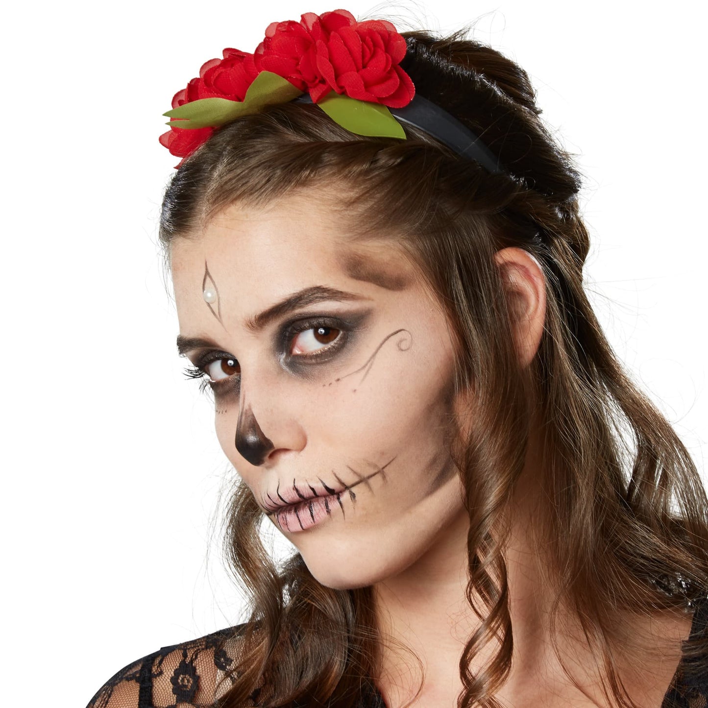 TecTake Halloween Tänzerin Kostüm Damen - L - Rot - Kleid mit Skelett Druck, Spitze und Haarband