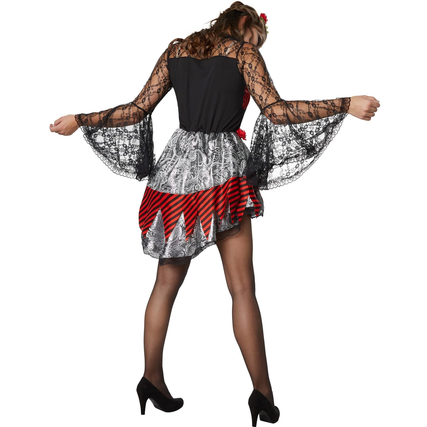TecTake Halloween Tänzerin Kostüm Damen - L - Rot - Kleid mit Skelett Druck, Spitze und Haarband