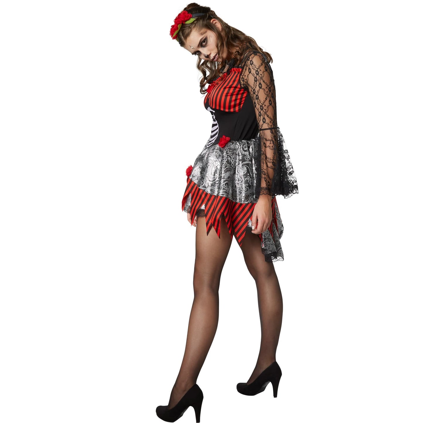 TecTake Halloween Tänzerin Kostüm Damen - L - Rot - Kleid mit Skelett Druck, Spitze und Haarband
