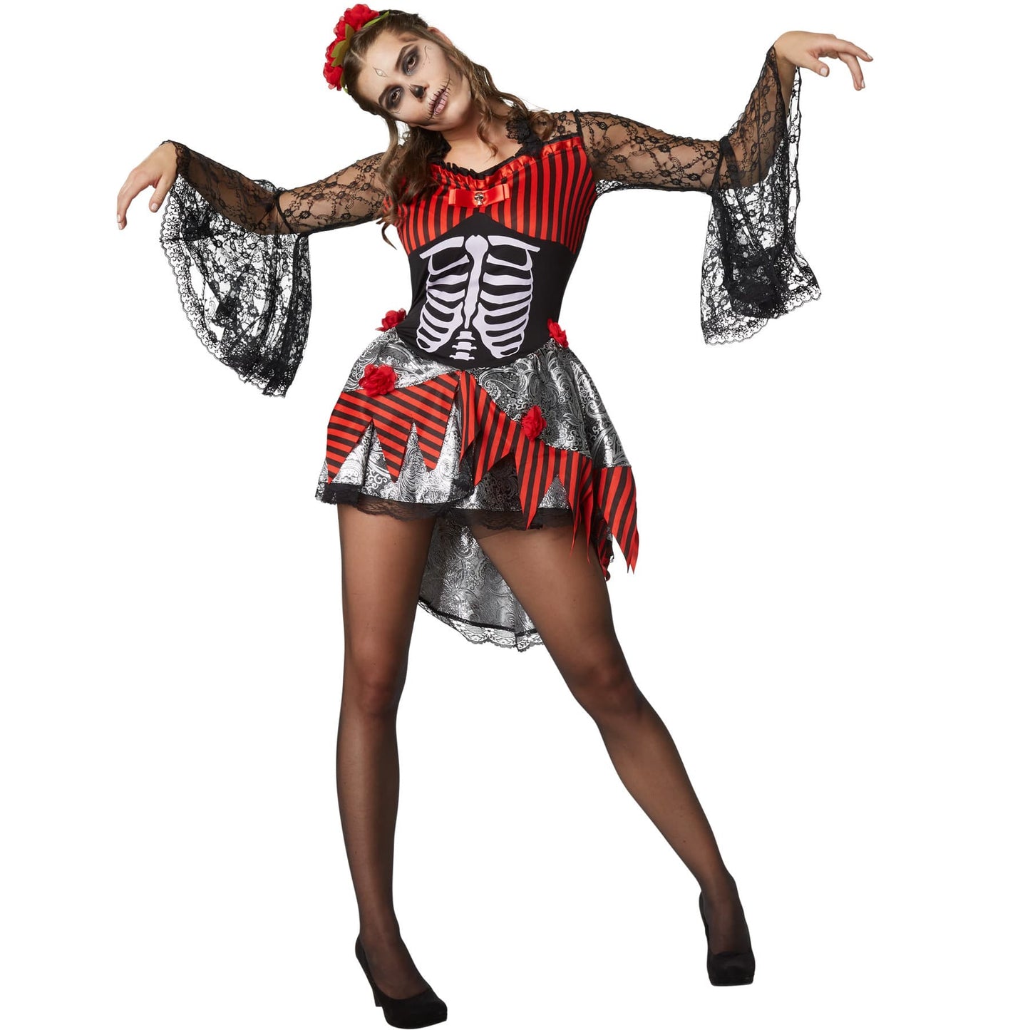 TecTake Halloween Tänzerin Kostüm Damen - L - Rot - Kleid mit Skelett Druck, Spitze und Haarband