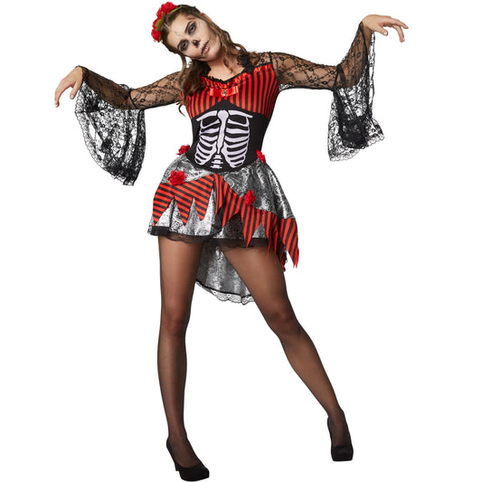 TecTake Halloween Tänzerin Kostüm Damen - L - Rot - Kleid mit Skelett Druck, Spitze und Haarband