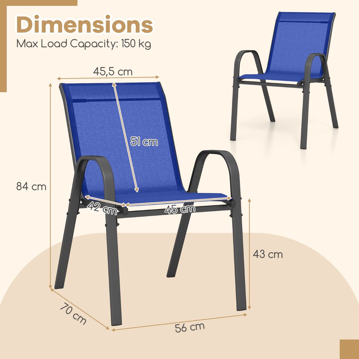 Coast 2er-Set stapelbarer Terrassenstühle mit Armlehnen - 56 x 70 x 84 cm - Marineblau