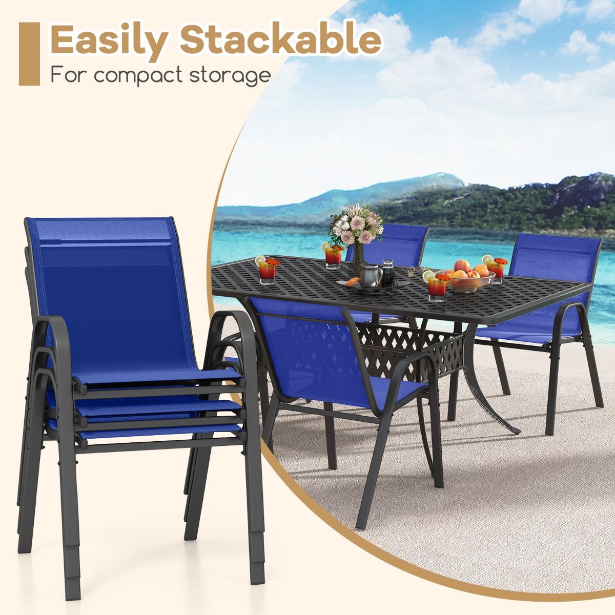 Coast 2er-Set stapelbarer Terrassenstühle mit Armlehnen - 56 x 70 x 84 cm - Marineblau