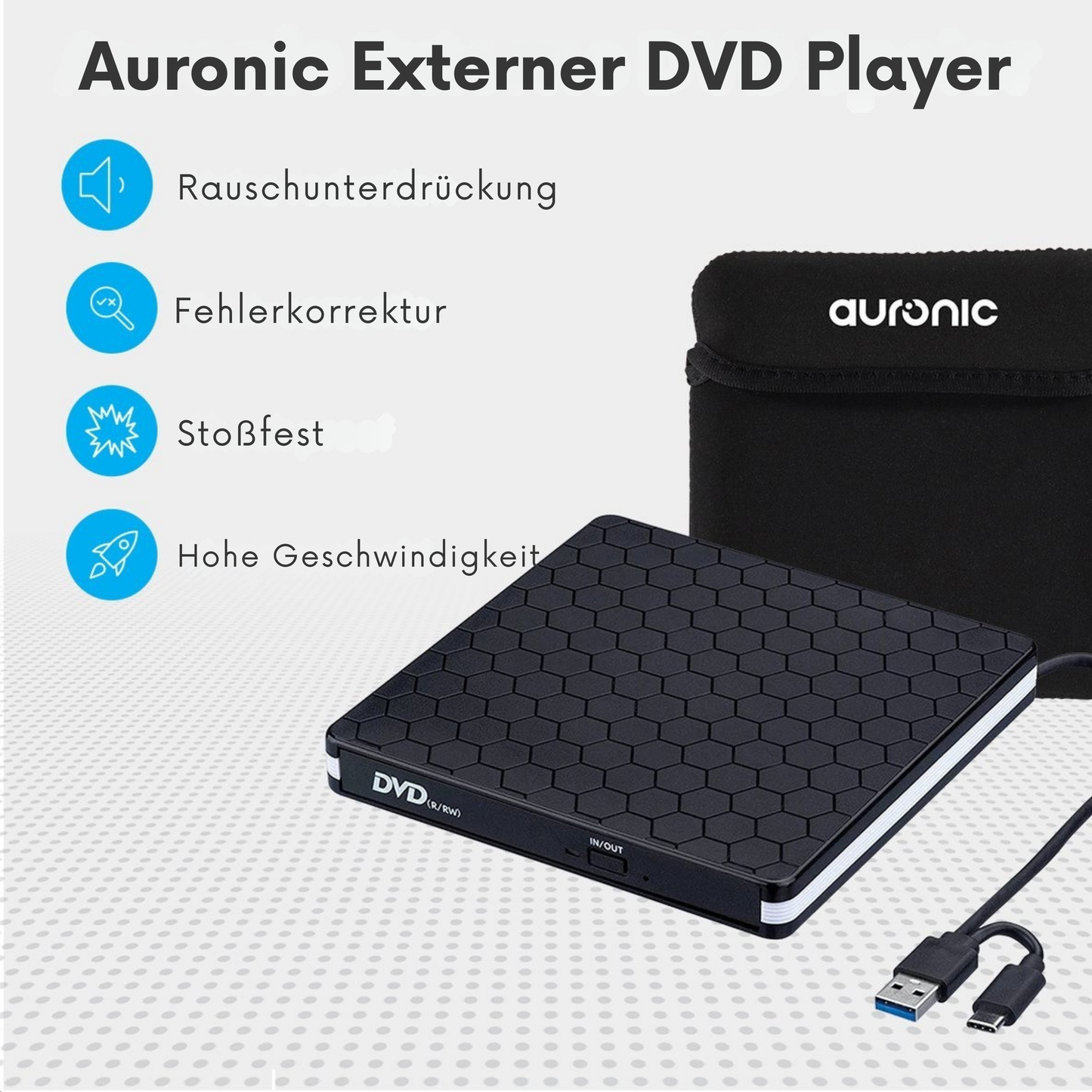 Auronic Externer DVD-Player - Für Laptop und Brenner - USB 3.0 oder USB C - Windows, MacOS & Linux - Inkl. Hülle + Kabel - Schwarz
