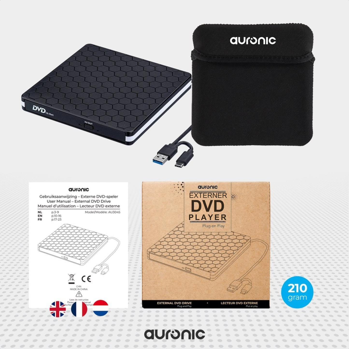 Auronic Externer DVD-Player - Für Laptop und Brenner - USB 3.0 oder USB C - Windows, MacOS & Linux - Inkl. Hülle + Kabel - Schwarz