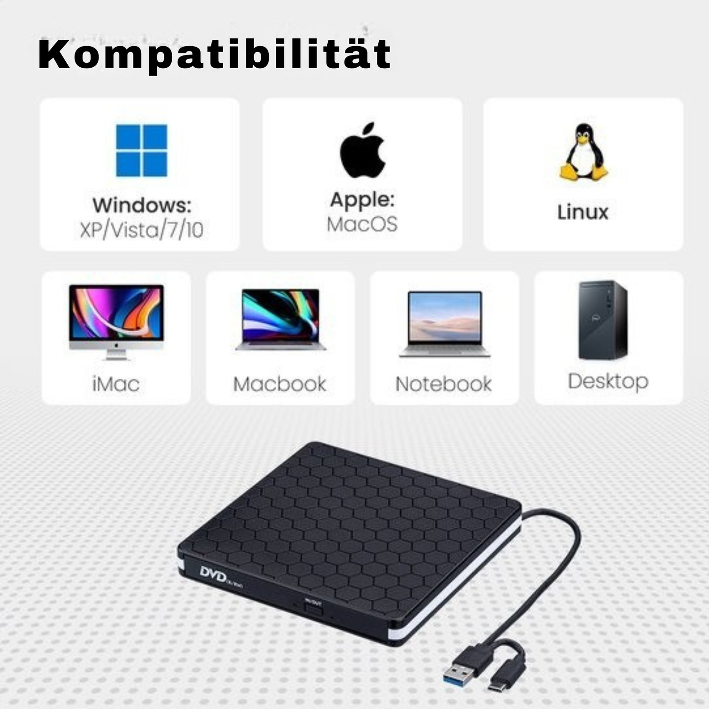 Auronic Externer DVD-Player - Für Laptop und Brenner - USB 3.0 oder USB C - Windows, MacOS & Linux - Inkl. Hülle + Kabel - Schwarz