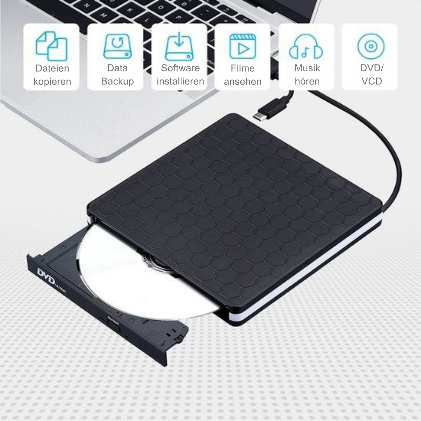 Auronic Externer DVD-Player - Für Laptop und Brenner - USB 3.0 oder USB C - Windows, MacOS & Linux - Inkl. Hülle + Kabel - Schwarz