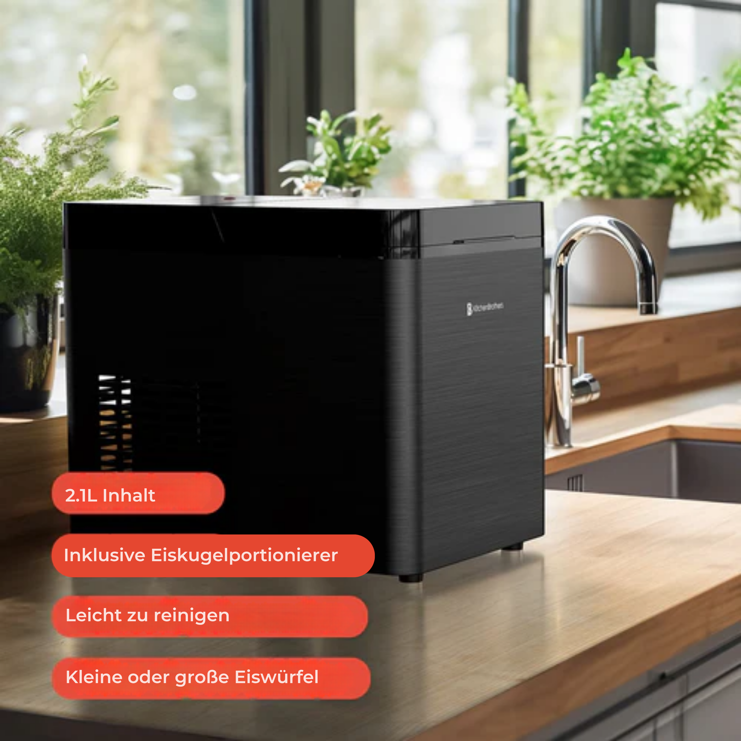 KitchenBrothers Eiswürfelbereiter – 2.1L - Selbstreinigungsfunktion – 9 Eiswürfel in 8 Min – Schwarz