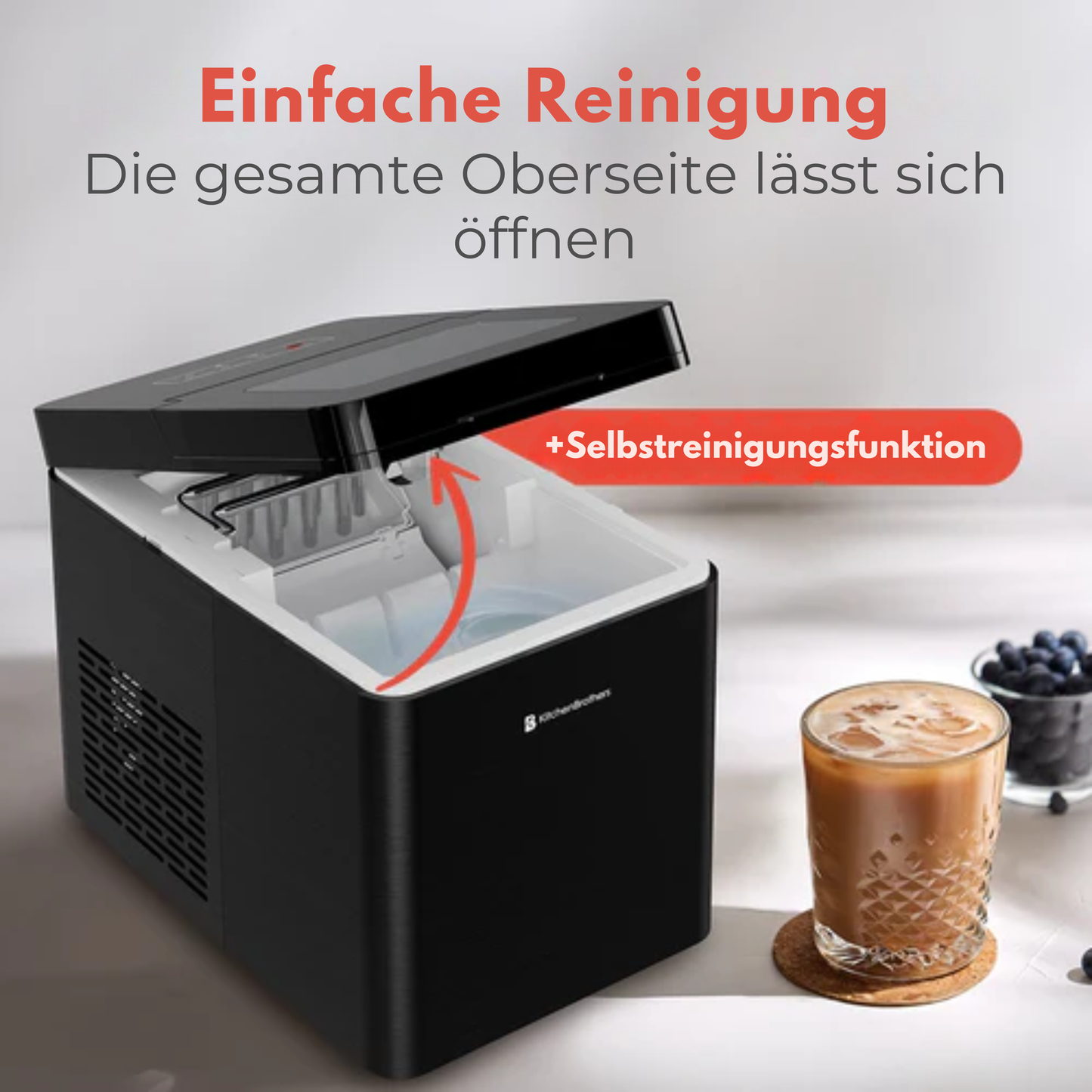 KitchenBrothers Eiswürfelbereiter – 2.1L - Selbstreinigungsfunktion – 9 Eiswürfel in 8 Min – Schwarz